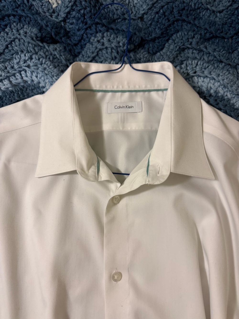 Calvin Klein Men's White Dress Shirt with Subtle Teal Trim